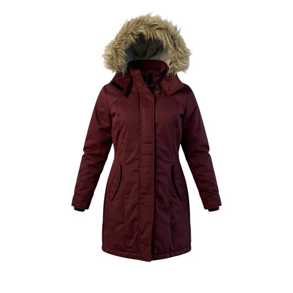 Hollister Thermore Faux Fur Hooded Parka XS Burgundy All-Weather 3/4 Coat - Picture 4 of 13